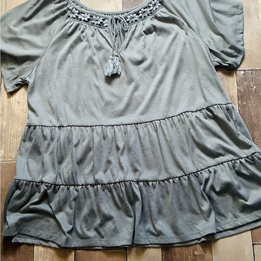 Boho Hippie Tiered Babydoll Olive Green Boho Hippie Top Blouse Womens Size XL